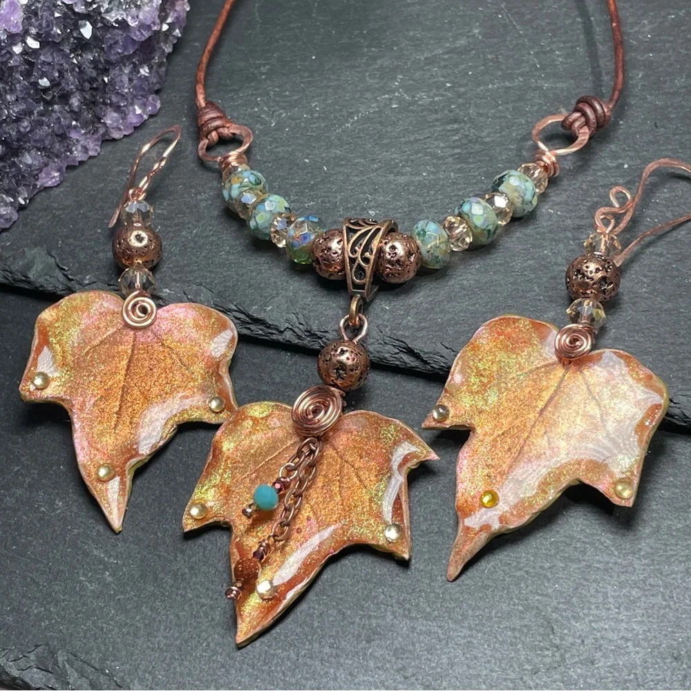 Autumn Leaf Jewelry Set Fairycore Earrings And Pendant | Artisan Jewelry